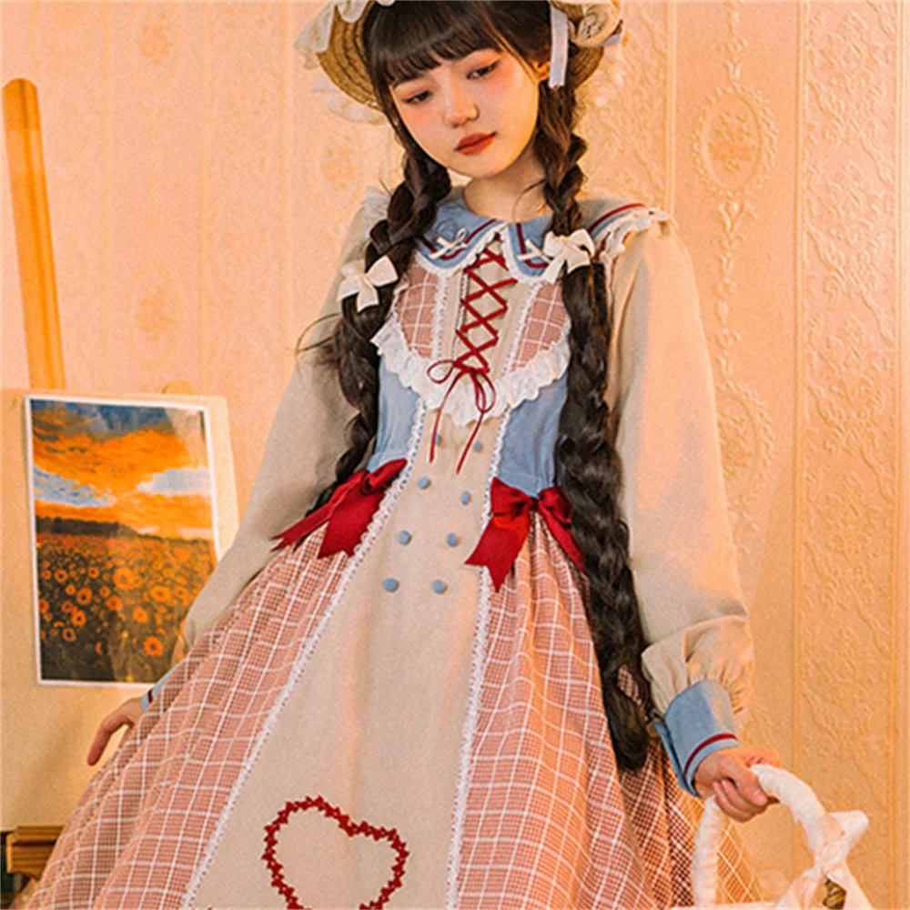 

Painting Girls Spring Vantage Denim Stitching Lattice Lolita Dress Kawaii Girls Sweet Strap Lace Ruffle Tea Party Cos Lolita Op