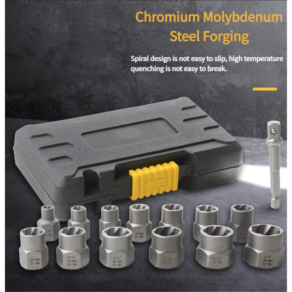 14 pezzi Set di rimozione bulloni e dadi a impatto Strumento per estrattori di bulloni in acciaio Cr-Mo Set di strumenti per rimozione dadi a vite danneggiati Strumento meccanico