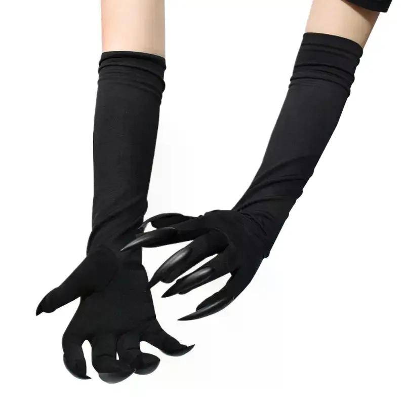 Mitaines élastiques à ongles longs pour femmes, 43cm, griffe effrayante, Halloween, gants à griffes fantôme du diable noir, Costume de spectacle de Cosplay de fête