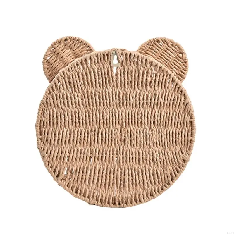 L9NB Bear Ear Woven Hanging Basket Wall Shelf Rattan Woven Storage Rack Small Plant Display Floating Shelf Home Decors