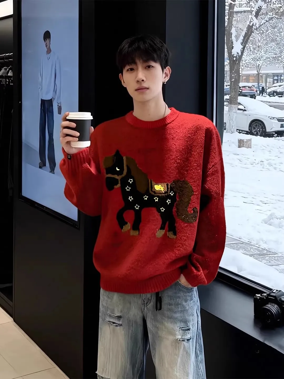 

Red Knitted Sweater Men's Winter Cisas Aosphere Korean Sle Lazy Inner Wear Knitted Base irt Luy Year Year
