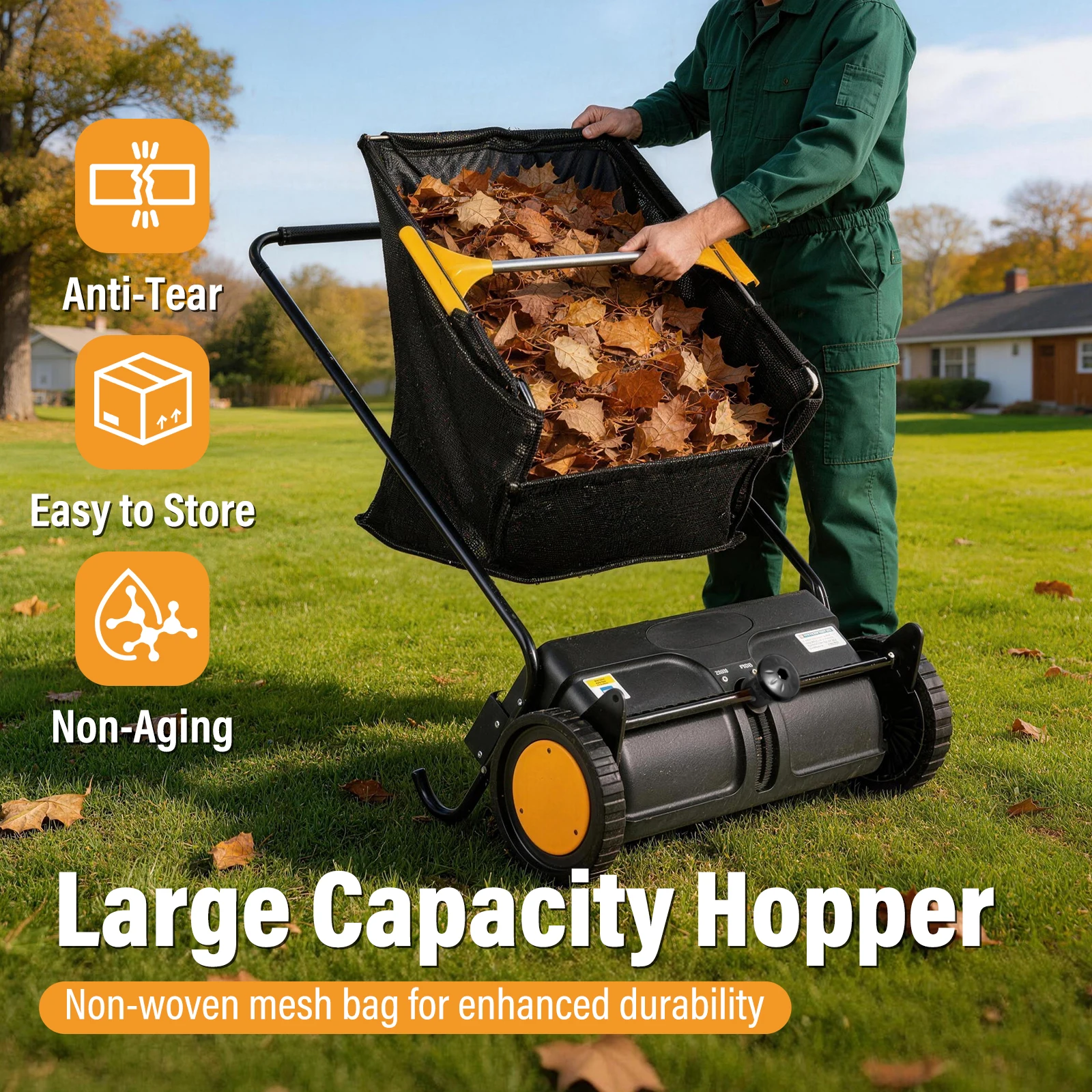 

Heavy Duty Walk Behind Lawn Sweeper Adjustable Brush Height 4 Spinning Wheels Push Leaf Collector with Large Mesh Hopper Bag for Leaves Grass Clippings Yard Debris Patio Driveway Garden