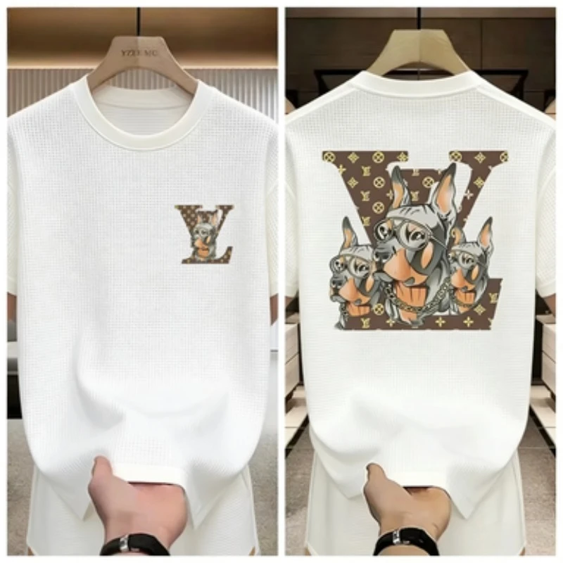 

Waffle Knit Men's 2 Piece Set Doberman Dog Monogram Print Short Sleeve T Shirt Shorts Casual Summer Streetwear 2026
