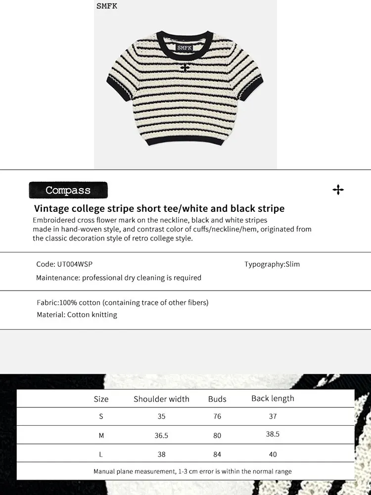 SMFK Knitted Short T-shirt Women Sweaters Contrast Stripe Short Sleeve Spring Female Casual Crop Top Short Sleeve Knit Tops