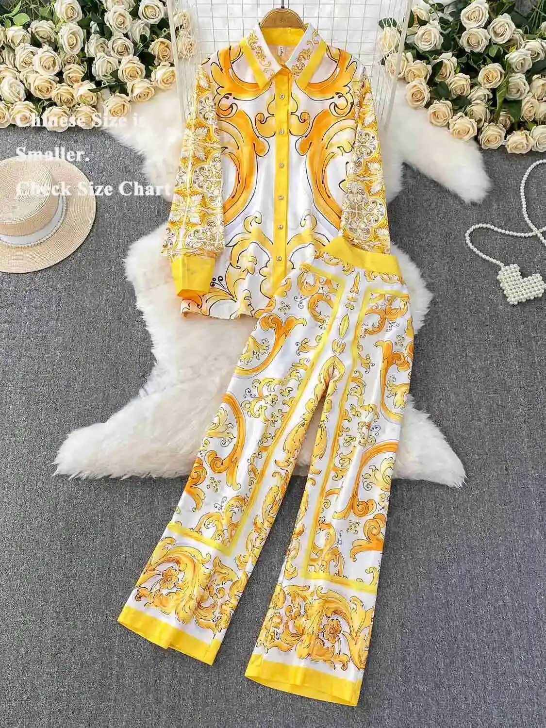 Herbst Lila Floral Zwei Stück Set Frauen Muslime Kleidung Pocelain Jacke Shirts Elastische Taille Breite Bein Lange Hosen 2 stücke Outfits