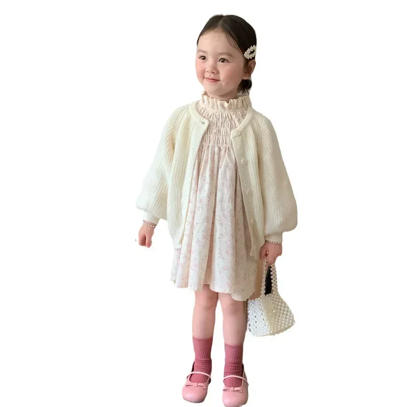 Mom Girls\'  Sweater 2023 New Bubble Sleeve Knitted Cardigan Baby Coat   kids clothes girls  girl cardigan