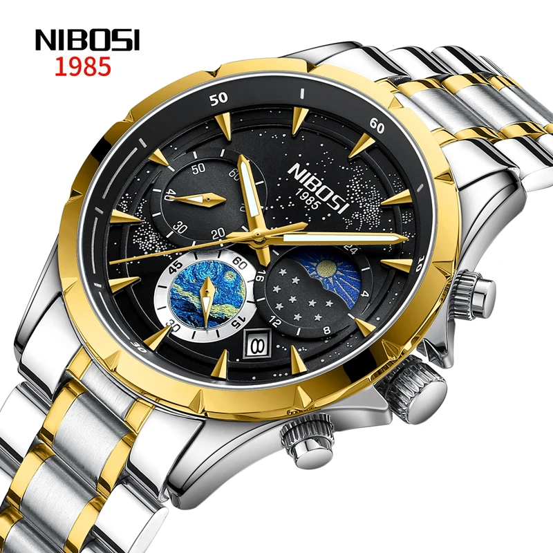 

NIBOSI Mens Watches Top Brand Luxury Moon Phases Quartz Watch for Men Waterproof Calendar Chronograph Clock Relogio Masculino