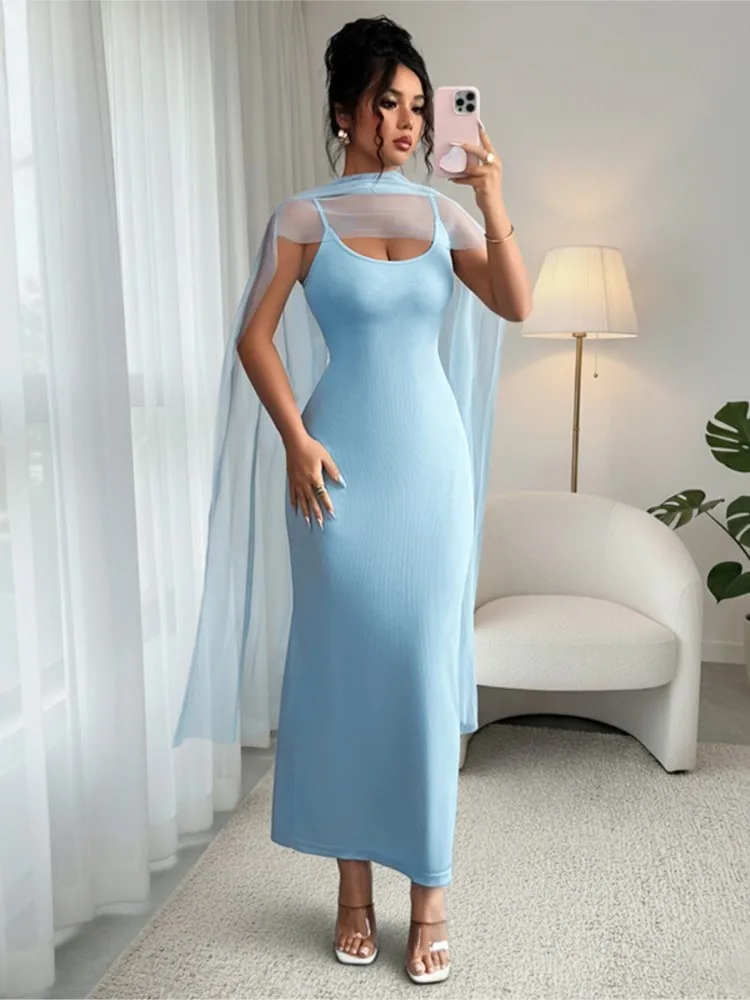

Elegant Dress Summer Vestido Solid Color Dresses 2025 Woman Spaghetti Strap Sexy Temperament Slim Sling Shawl Mesh Party Bodycon