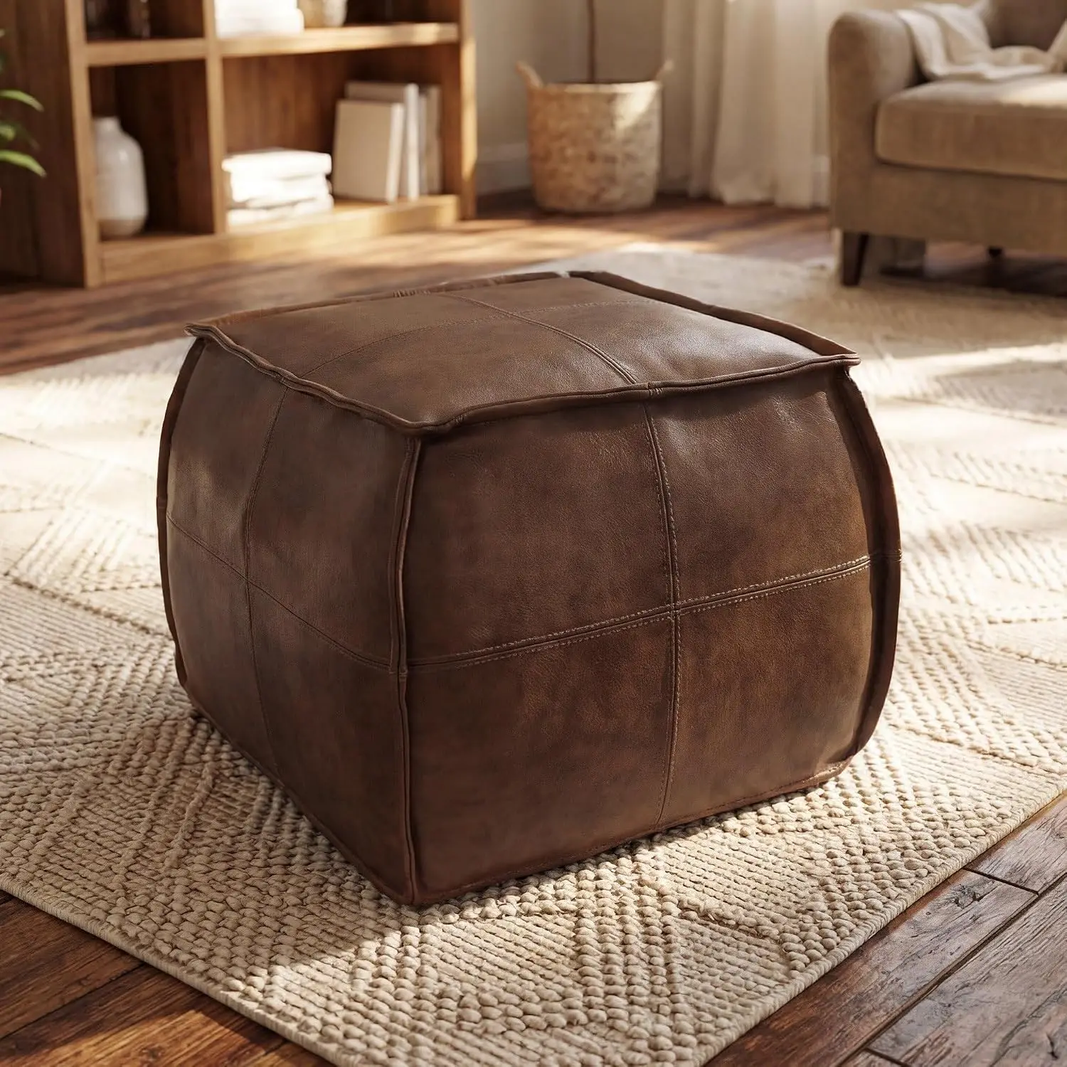 Square Leather Ottoman Stool, Handmade Stuffed Pouf Footrest Seat, Comfortable Padded Floor Cushion Organizer For Living Room Bedroom Entryway, Mid Century Modern Decor, Brown, One Piece