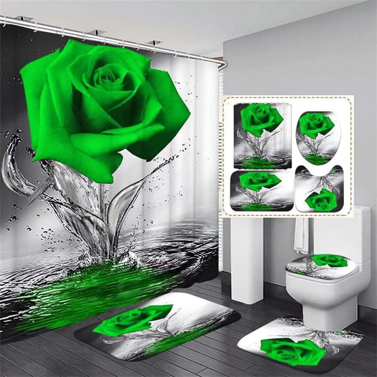 

Red Rose Bathroom Shower Curtain Bath Mat Durable Waterproof Carpet Toilet seat Cover Bath Mat Carpet