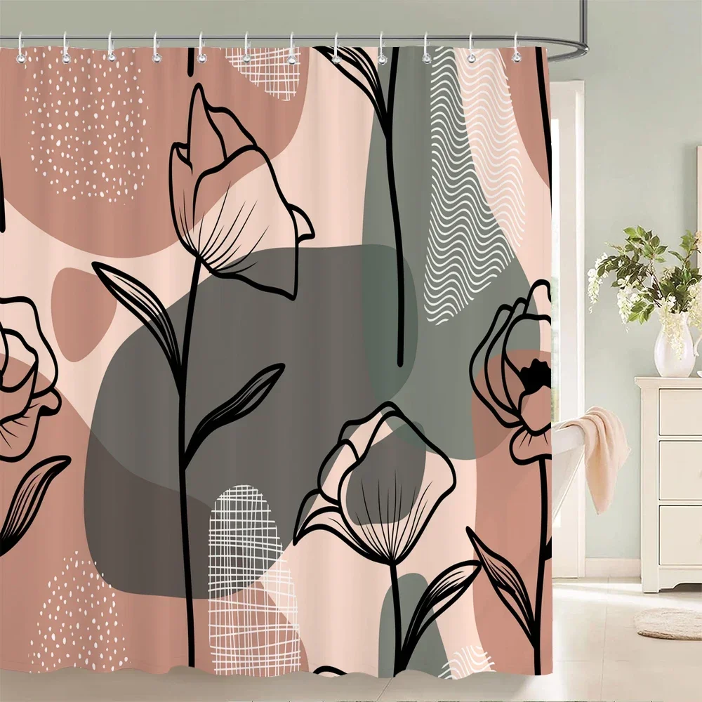 Boho Abstract Line Floral Fruit Shower Curtain Minimalist Geometric Leaf Tulip Orange Lemon Print Multi Style Waterproof Fabric