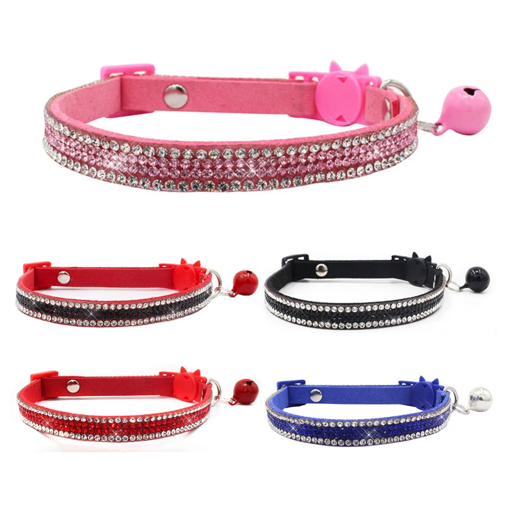 Collar de gato pequeño con diamantes de imitación, Collar brillante para cabras y mascotas, cadena de liberación rápida de seguridad, gamuza suave