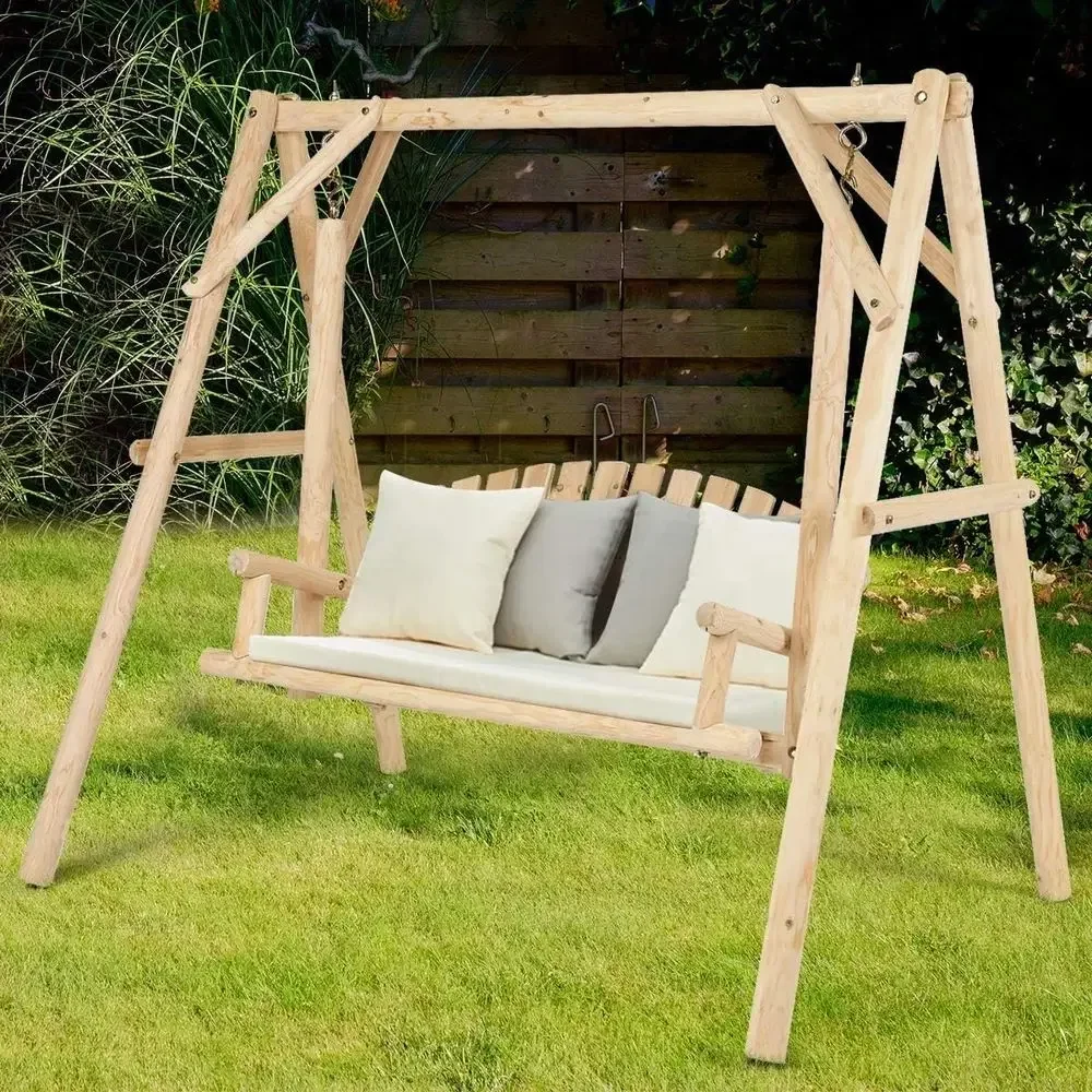 Rustic 2-Person Wooden Porch Swing, Outdoor Patio Garden Bench, Natural Finish