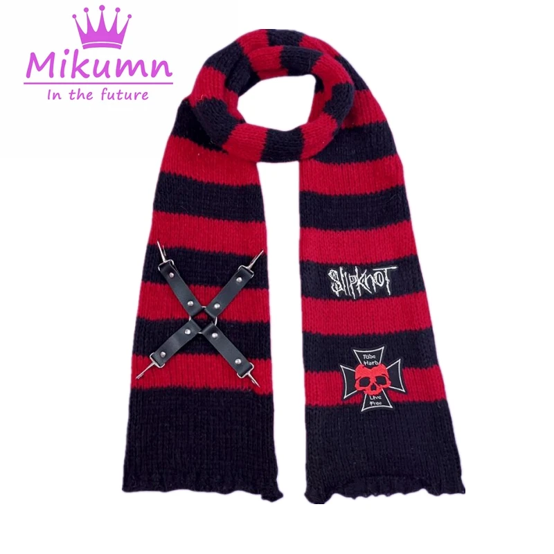 Mikumn Harajuku Punk Style Women Scarf Y2k Gothc Skull Leather Buckle Striped Knitted Scarves Winter Warm Chic Streetwear