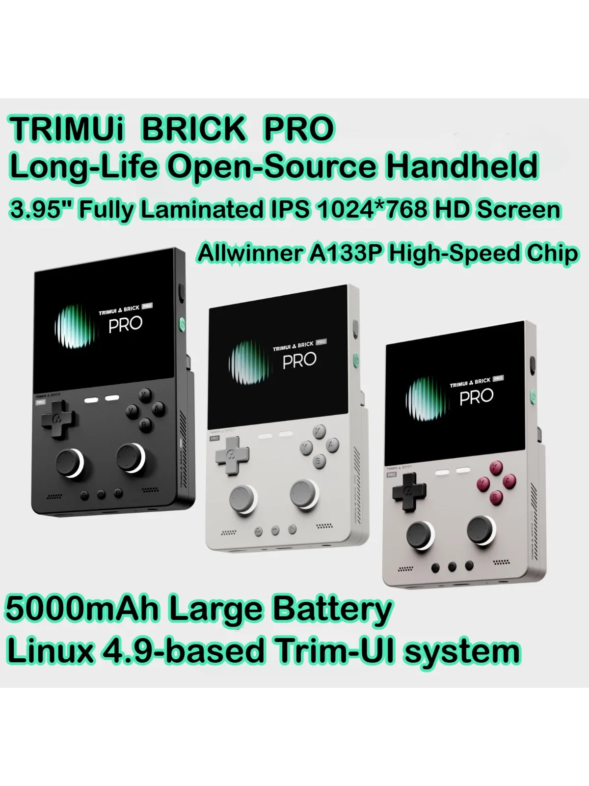 TRIMUI BRICK PRO Retro Handheld-Spielkonsole 3,95-Zoll-IPS-Bildschirm, WLAN/Bluetooth, Dual-Joysticks & RGB-Beleuchtung für klassisches Gaming