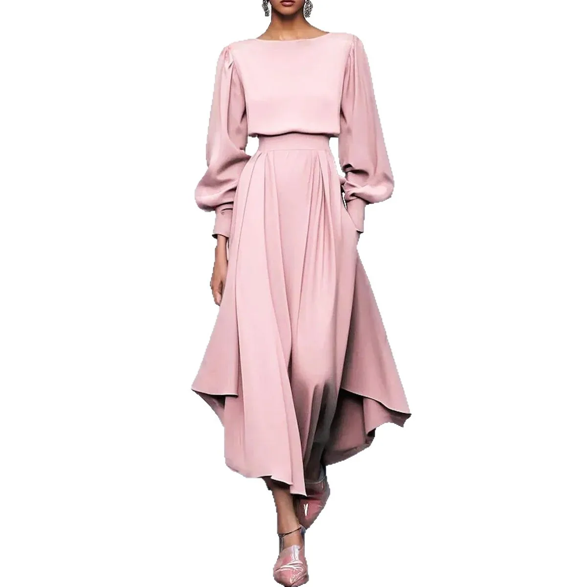 2025 Vestido largo de color sólido con cuello redondo y manga larga a la moda para mujer, cintura elástica adelgazante