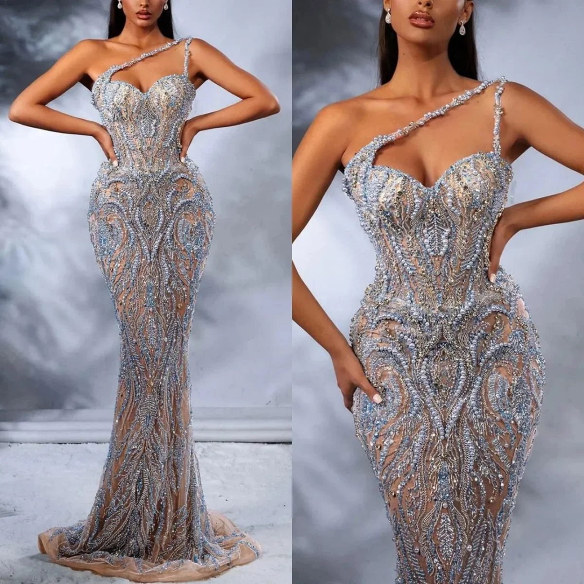 

Modern One Shoulder Pearls Evening Dresses Customized Sexy Beaded Sequined Prom Dress Pearls Sleeveless Party Gown