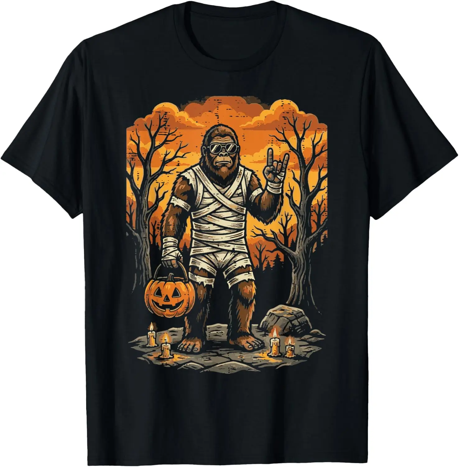 Halloween Sasquatch Mummy Rock Bigfoot Costume Boys Kids Men T-Shirt Men Women Unisex Novelty Graphic T‑Shirt, Classic Crew Neck 100% Cotton Tee, Lightweight Anti‑Pilling Breathable Casual Tops, Year‑Round Daily Outfit, Holiday Birthday Present Tee