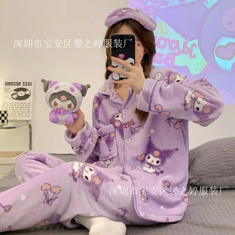 

Sanrio Coral Fleece Pajamas Women Winter Warm Homewear Cartoon Print Sleepwear Loungewear Ins Fashion Cute Kawaii Nightwear Set