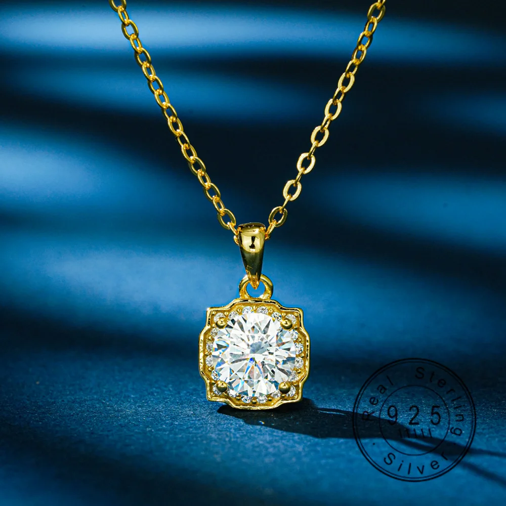 

1CT Round Cut Moissanite Halo Necklace 925 Sterling Silver Yellow Gold Plated Pendant Chain for Women Luxury Fine Jewelry