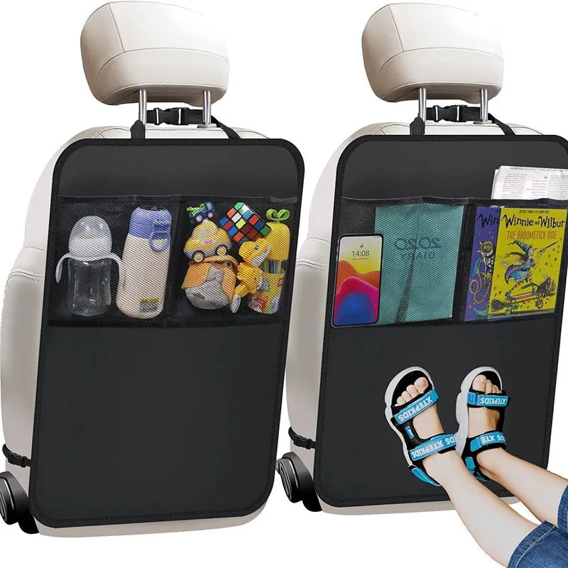 Black Seat Cover for Kids with 3 Pocket Storage Organizer Waterproof Kick Mats Backseat Protector Car Seat Back Storage Bags