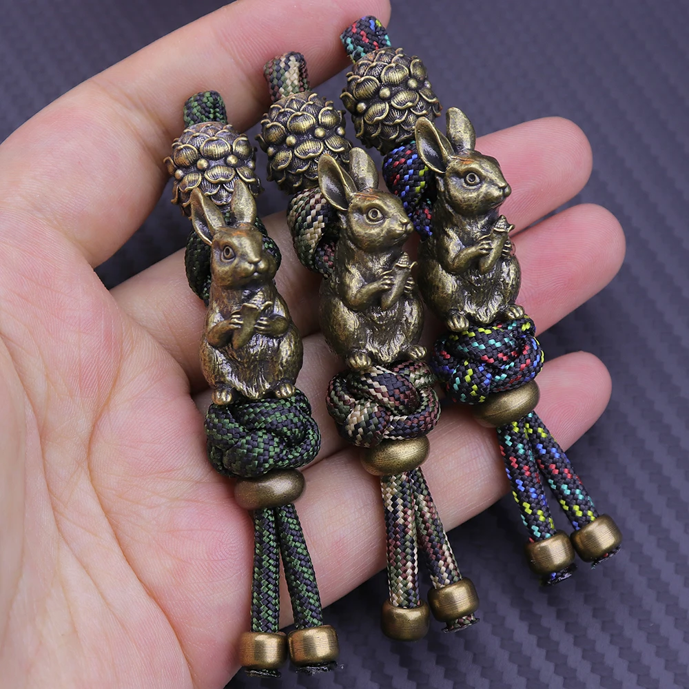 Rabbit EDC Umbrella Rope Push Pendant Portable Pendant Knife  Retro Handmade Brass Pendant Decompression Desktop Toy