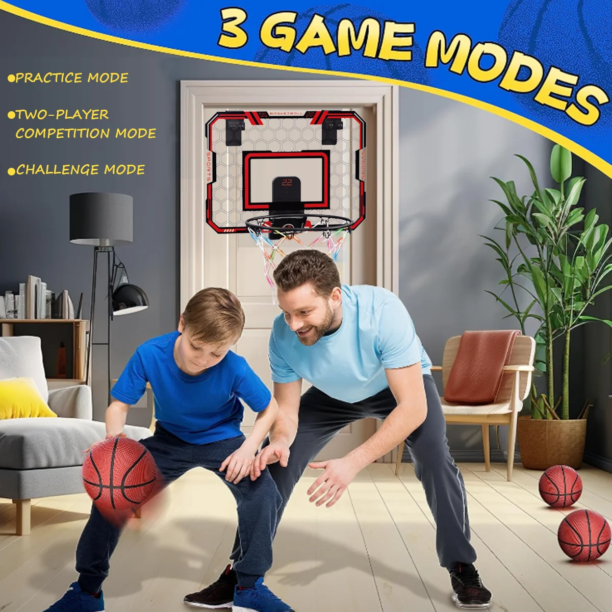 

Basketball Hoop Indoor for Kids, Over The Door Basketball Hoops with LED Lighting & Audio Scoreboard, Christmas Gifts for Kids