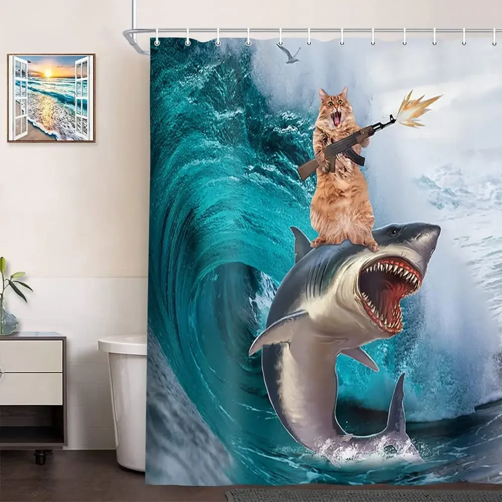 Funny Animal Cartoon Shower Curtain Cat Riding Shark Dinosaur Ocean Waves Fish Kid Cute Creative Polyester Fabric Bathroom Decor