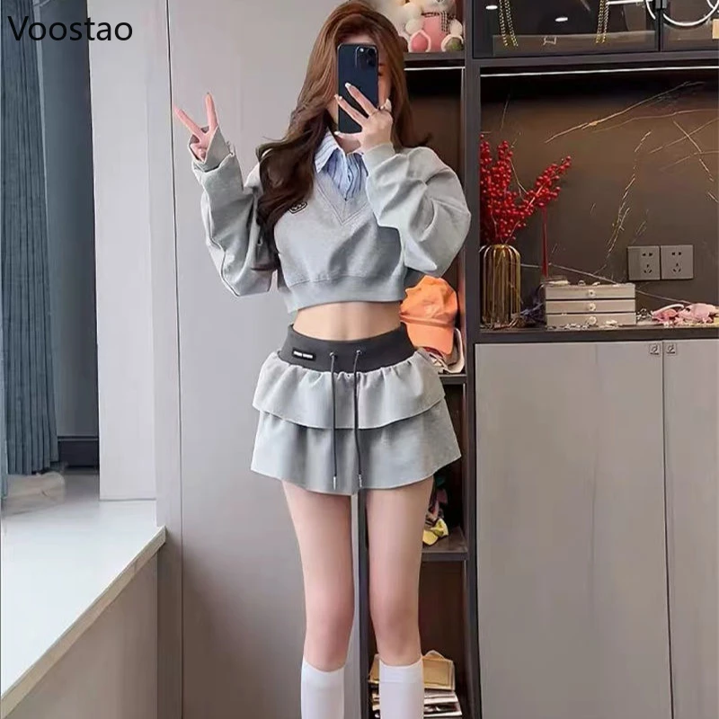 Vintage Y2k Two Piece Set Autumn Women Preppy Style Cropped Hoodie Top Mini Cake Skirt Suit Korean Female Casual Fashion Outfits