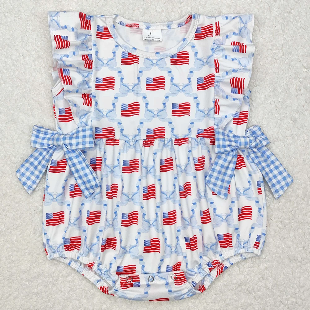 Hot Sale Infant Baby Girls Rompers July 4th Blue Bows Flag Bubbles Rompers Boutique Toddler Girls Onesie Fashion Girls Onesie