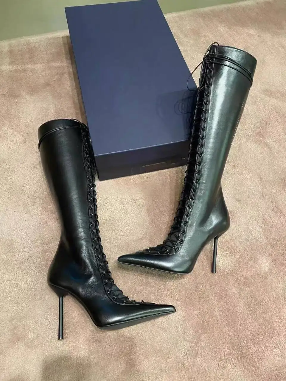 

2026Spring/Summer New Lace Up Short Cool Boots Side Zipper Banquet Slimming High Heels Sexy Knee Length Women's Boots