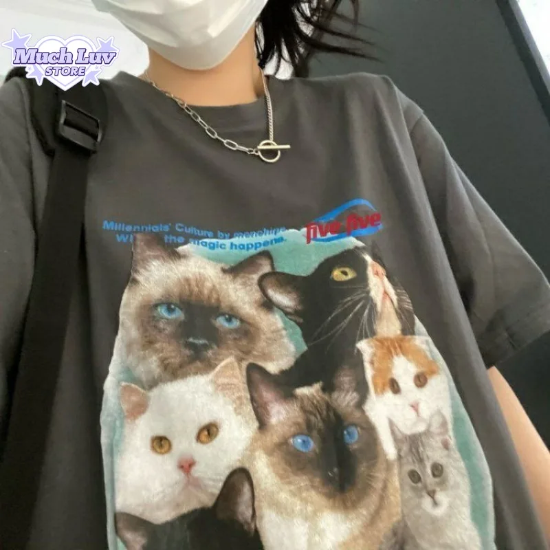 Invincible and Cute Cat Print T-shirted for Men and Women Summer Fashion Trend Casual Comfy Pure Cotton Couple Short Sleeve Top