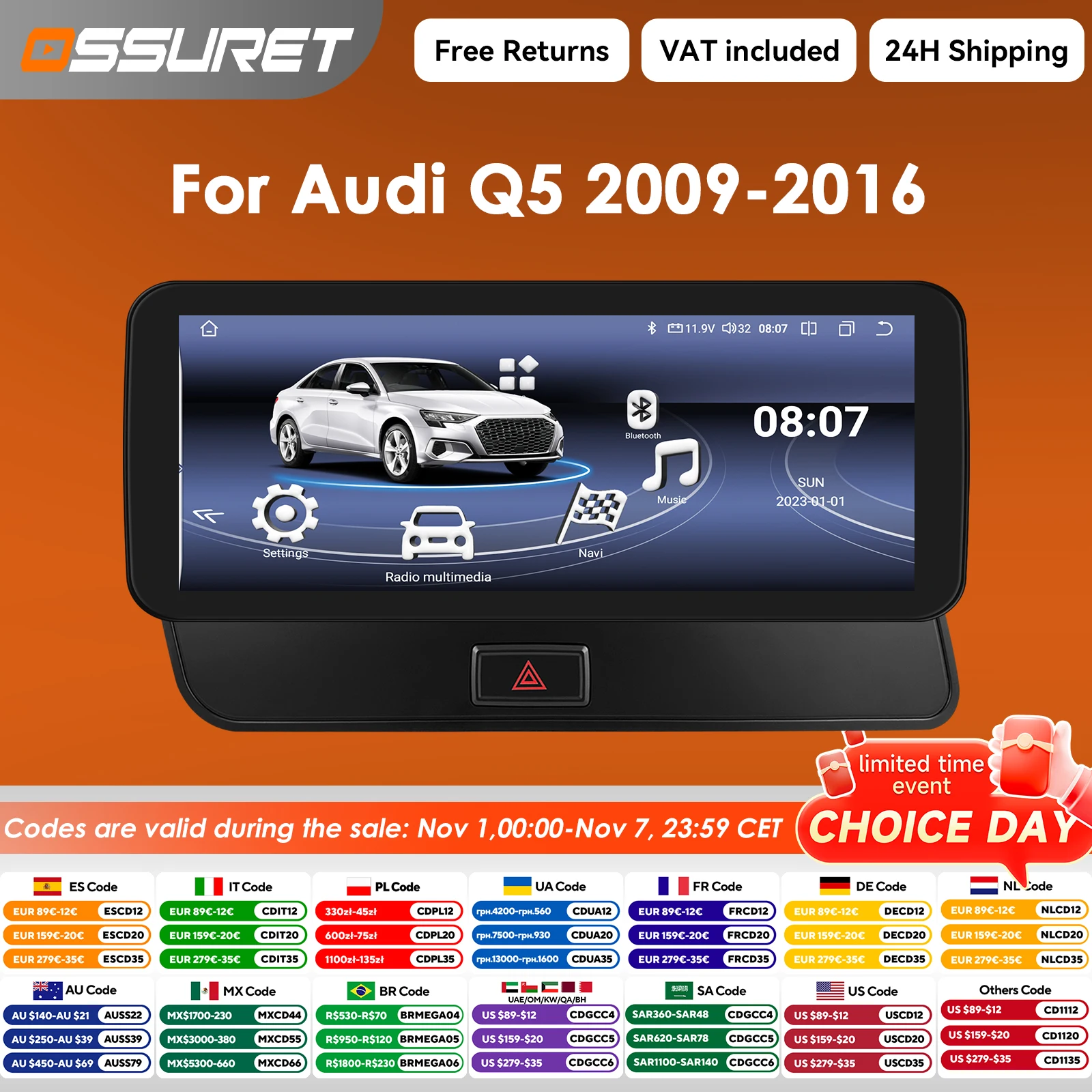 10.25"Android 13 Auto Car radio For Audi Q5 2009-2016 Multimedia player 2din Carplay GPS navi Stereo Autoradio 1920*720 screen