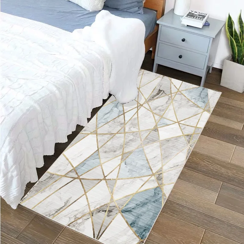 Bedside Rug Non-slip Waterproof Stain-resistant Floor Mat Long Rug with Faux Marble Texture Household Decorative Foot Mats