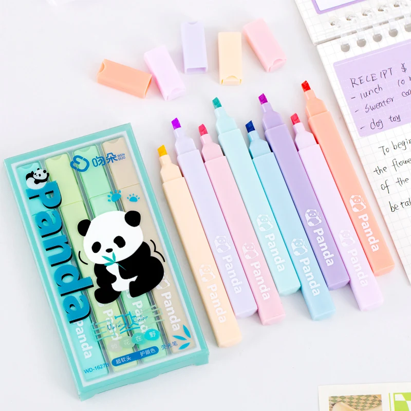 4pcs Cute Panda Mild Color Highlighter Pens Set Square Barrel Soft Head Marker Liner for Drawing Painting School A7671