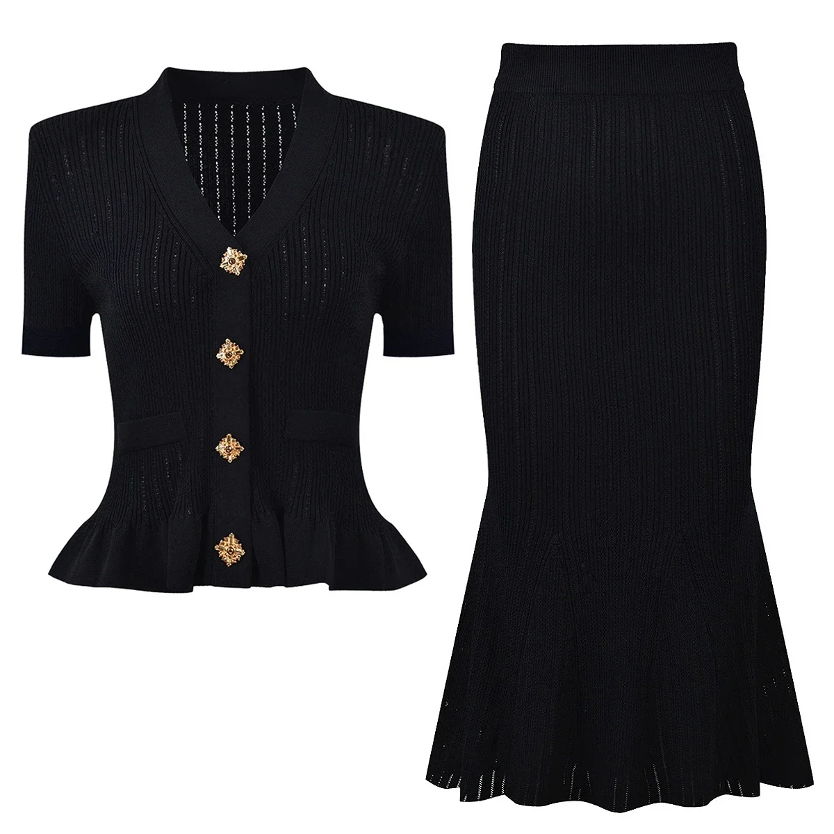 Versatile Short Sleeve Knitted Top Cardigan with Diamond Button Fishtail Slim Skirt Set Five Color