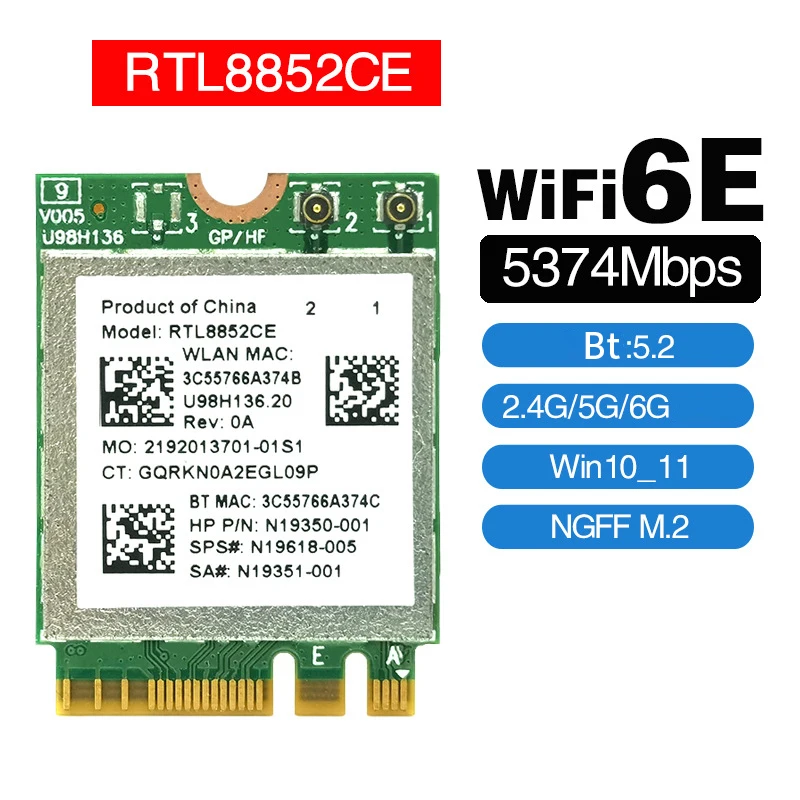 

RTL8852CE WIFI6E 2.4G/5G/6G Tri-band Gigabit Network Card for NGFF M2 Built-in Wireless Network Card BT5.2 5374Mbps WIFI Module