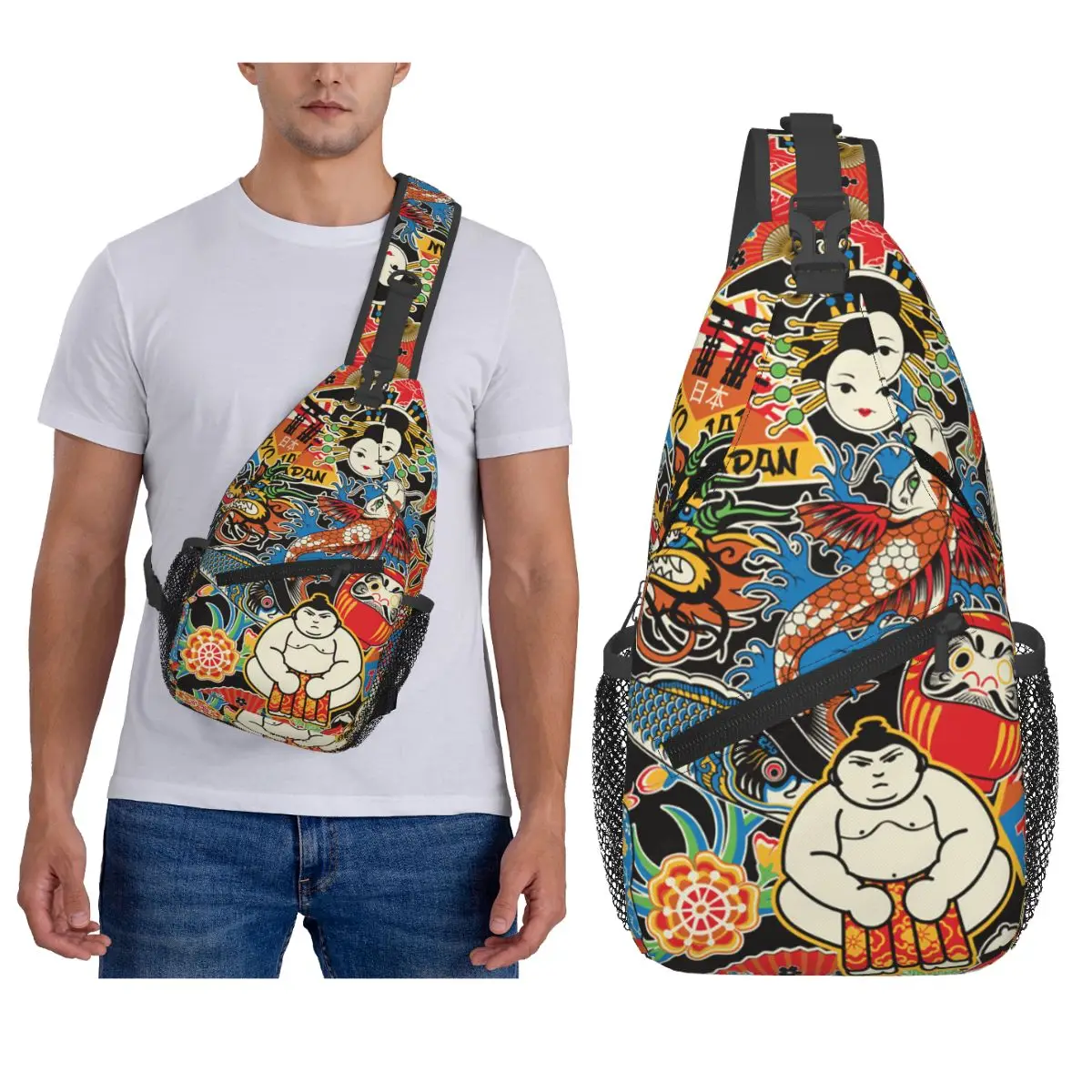 

Japan Art Japanese Style Chest Bag Men Sling Crossbody Backpack Chest Bag Travel Hiking Daypack Shoulder Bag