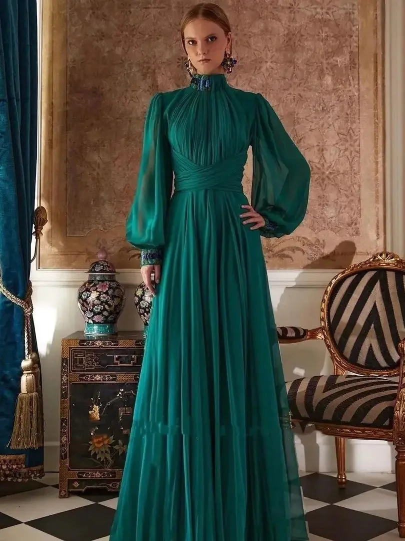 

Green Chiffon High Neck Green Prom Dresses Puff Sleeves A-Line Elegant Pleat Vintage Evening Gowns Formal Party Dress