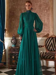 Vestidos de fiesta verdes personalizados de gasa verde con cuello alto y mangas abullonadas, vestidos de noche Vintage plisados elegantes, vestido de fiesta Formal