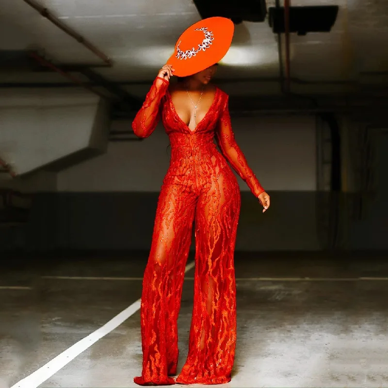 Spring Summer 2025 Women's Wi One-Piece Pants Deep V Bright Red Wide Leg Pants Gold Drip Commute Sle Polyester Fiber