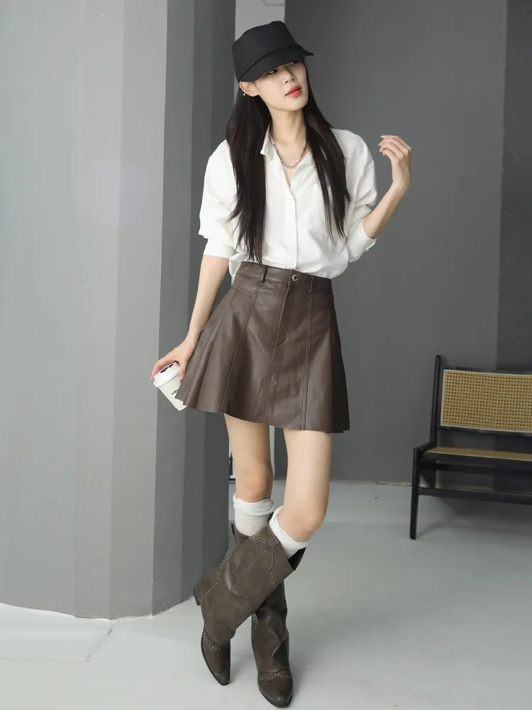 Females Sheepskin Above Knee Pleated Skirt Dating Leisure Genuine Leather A-Line Skirts Womens Autumn High Waisted Slim Skirts