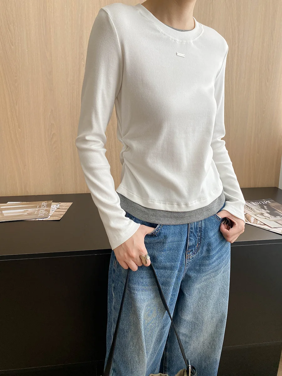 

Autumn and winter women's casual solid color round neck long sleeved fake two-piece slim fit T-shirt