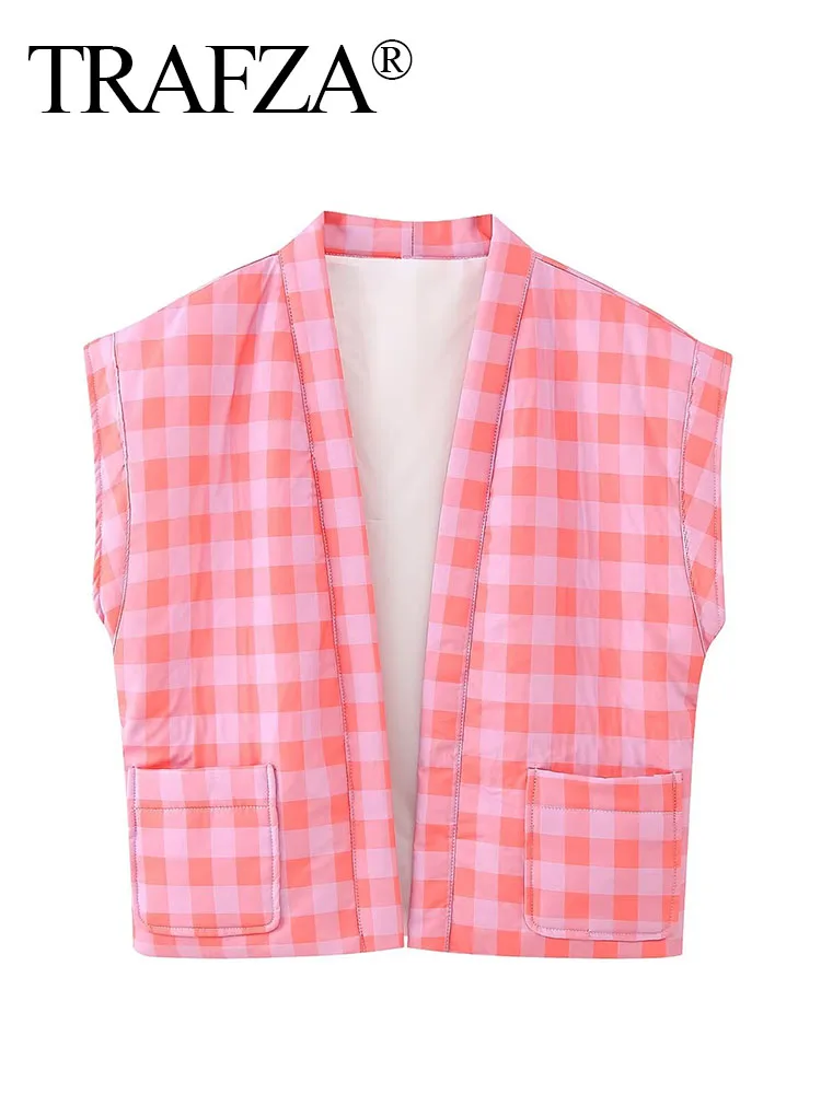 

TRAFZA Spring For Women Elegant Pink Plaid Strapless Sleeveless V-Neck Pocket Decoration Cotton-Padded Street Chic Jacket Mujer