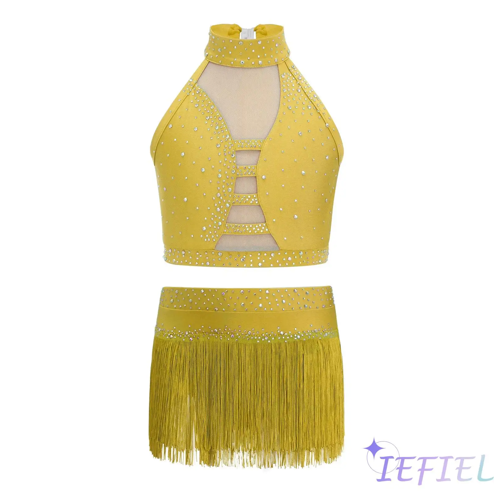 

Child Girls Latin Belly Dance Tops with Tassel Briefs Skirt Ballroom Tango Belly Dance Performance Costume Lyrical Dancewear