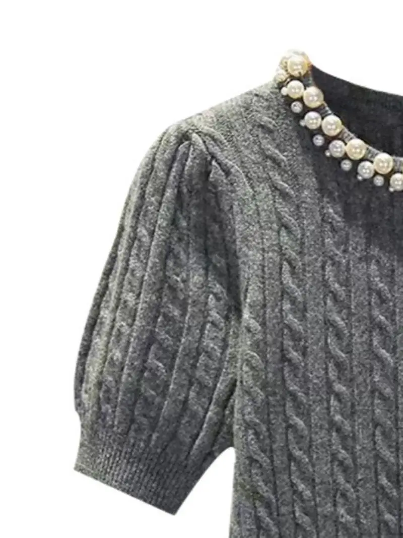 

Women Pearls Trim Sweater Twists Round Neck Puff Sleeve Sweet Autumn 2024 Grey Knitted Pullover