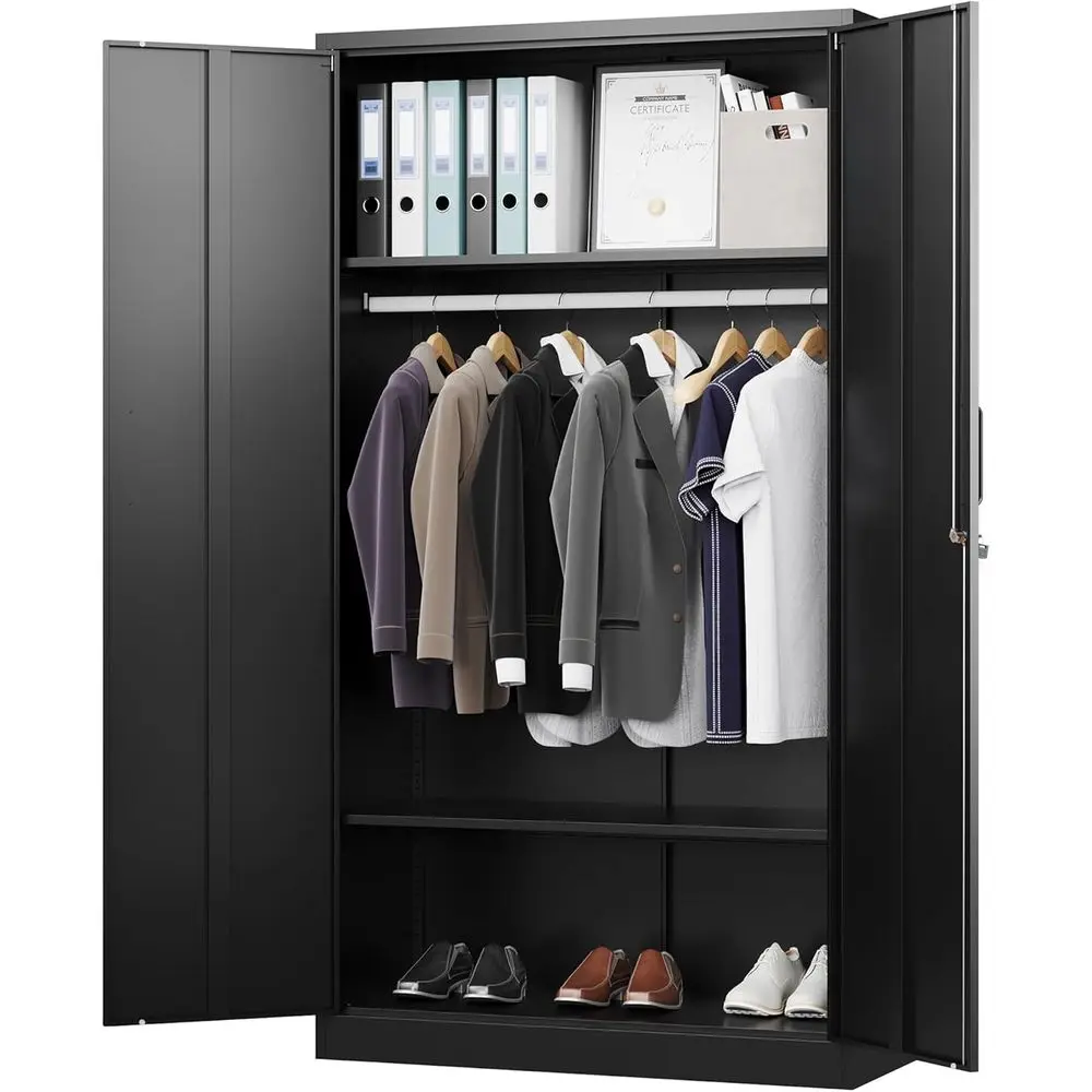

Black Metal Wardrobe Locker with Lock, 72x36x18 inches, Ideal for Home, Office, School, Gym, and Government Use