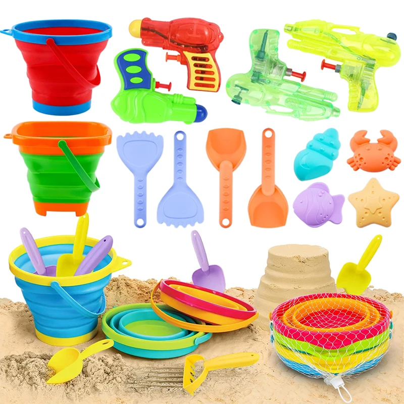 

Children Summer Sand Playing Toys Plastic Seaside Outdoor Folding Bucket Water Gun Entertainment Over 3 Years Old Kids Gifts TMZ