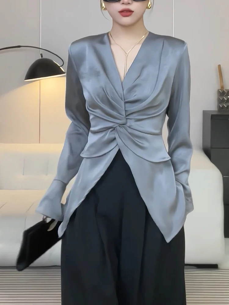 

Ele Satin irt Women's plus Size Crossed Pleated Design Spring New Sle Commute Sle Long Sve V-Ne Regular Length