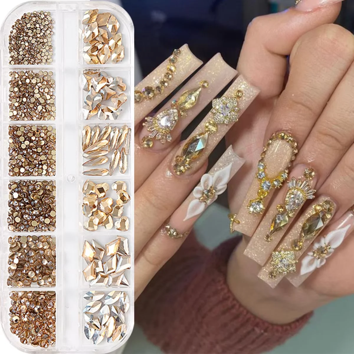 Champagne Color Crystal Rhinestones Nail Crystal Gemstones Various Shapes Shiny Golden Flat-Bottomed Pieces For Nail Rhinestones